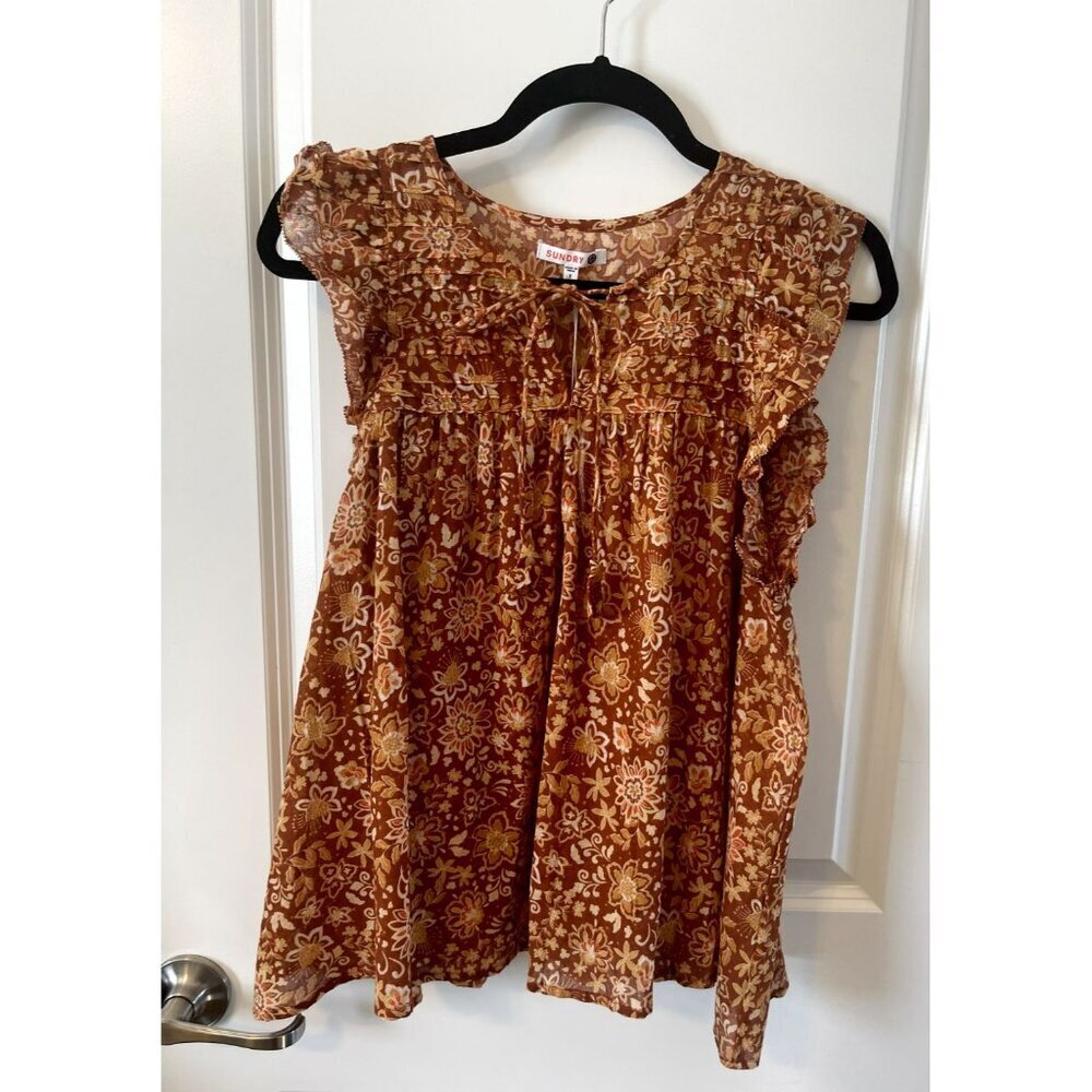 NWT Sundry Evereve Flutter Sleeve Blouse Sienna Floral Gauze Short Sleeve Size 1 - Picture 4 of 6